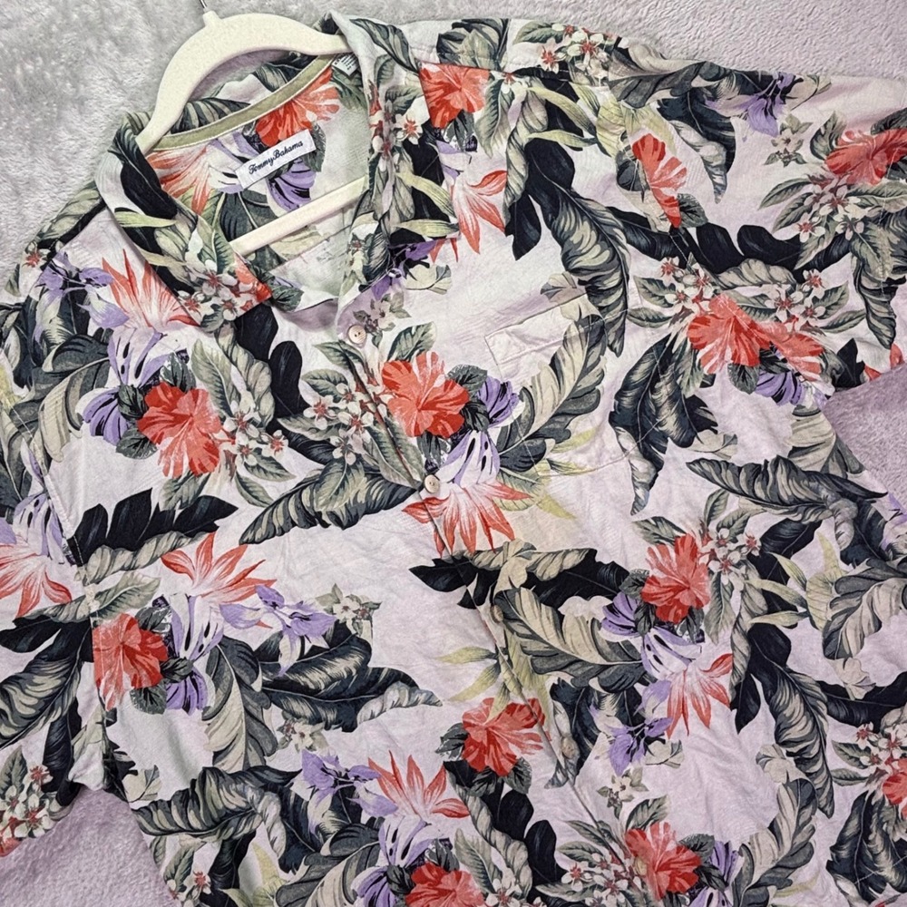 Tommy Bahama Mens Shirt XXXL White Floral Silk Hawaiian Button Down Short Sleeve